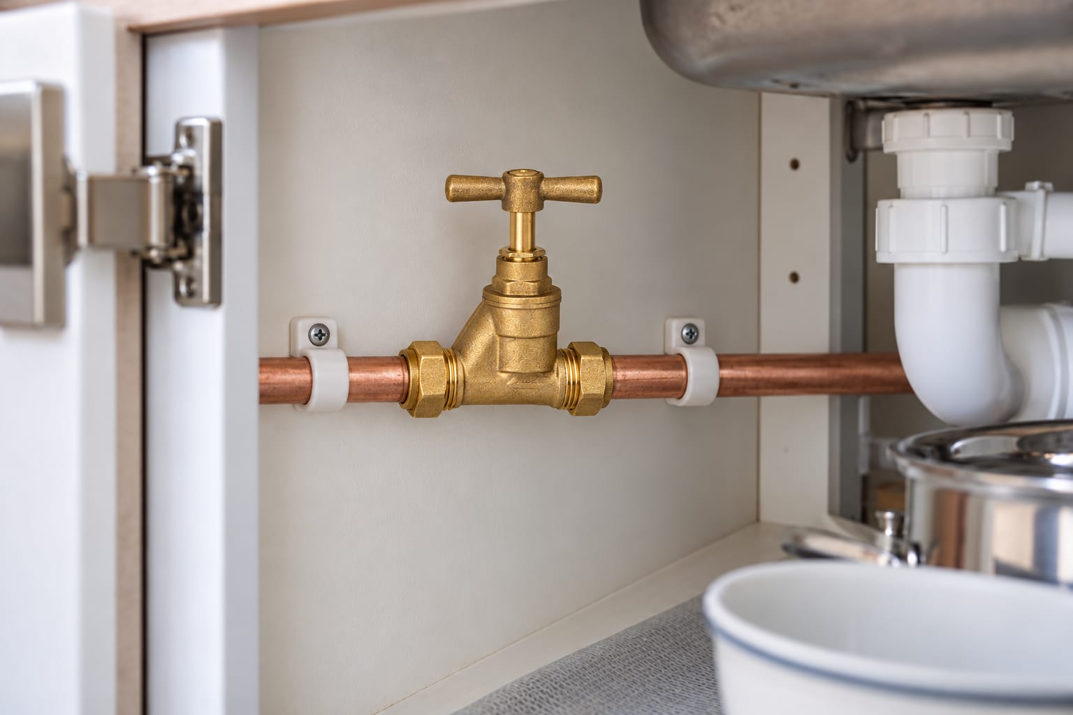 Brass stopcock fitted between copper water supply pipes inside a cupboard