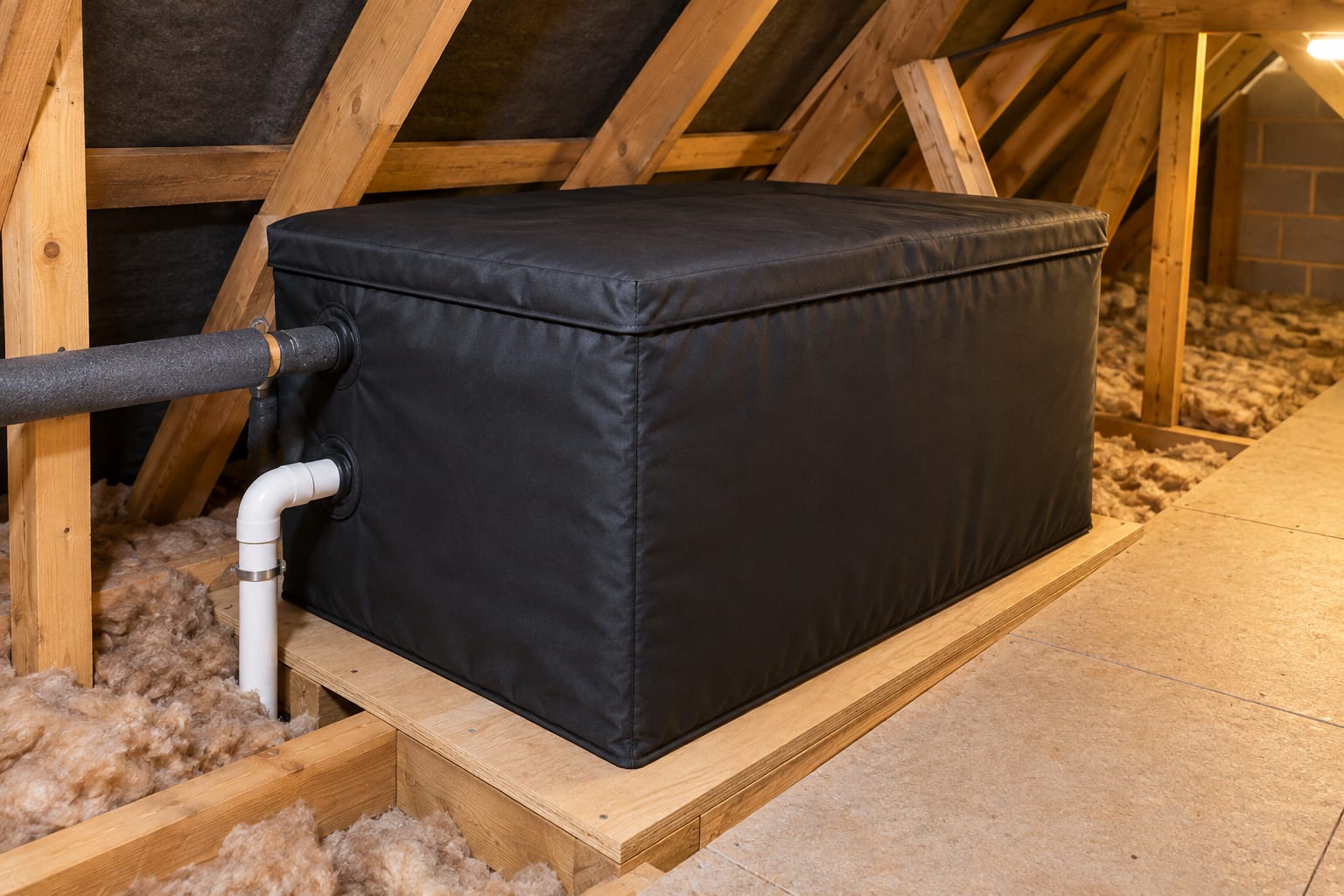 Lidded cold water storage tank with insulation on a supported platform in a loft