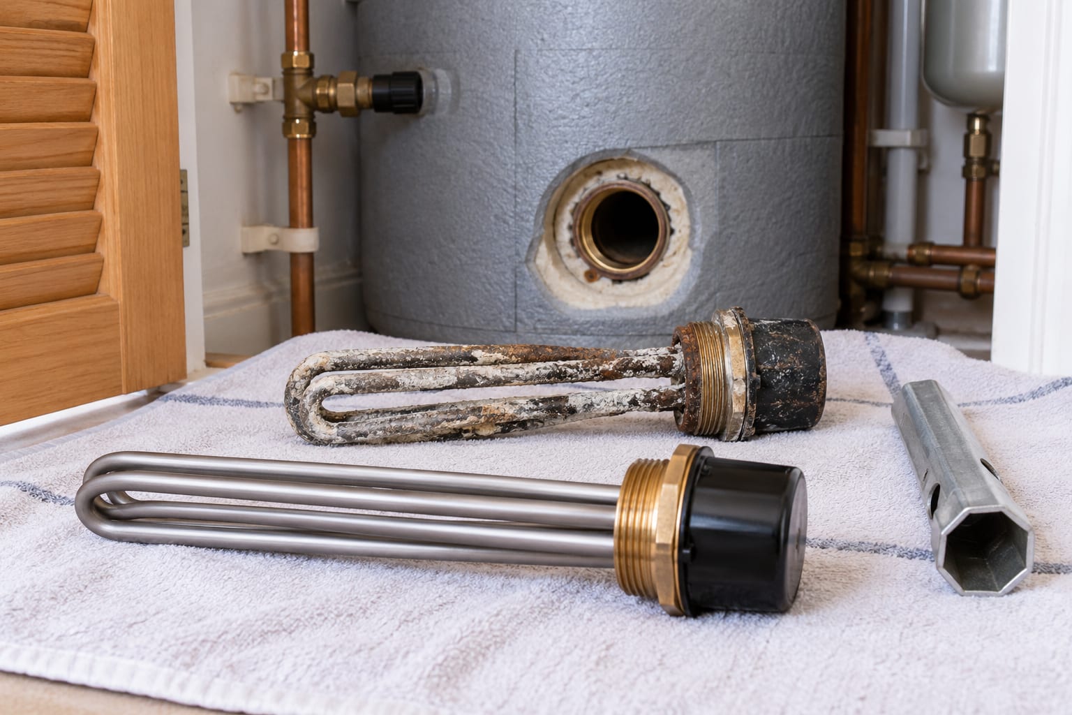 New and scale-marked immersion heater elements beside an immersion spanner