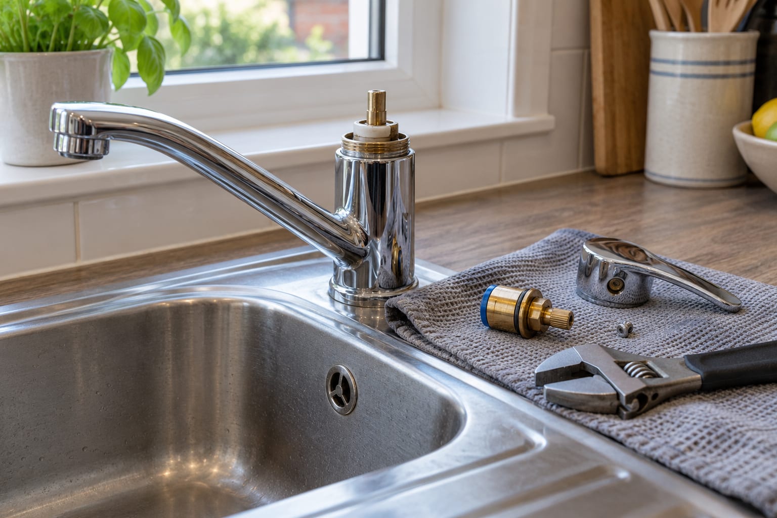 Dismantled kitchen mixer tap with a cartridge and tools on a protective cloth