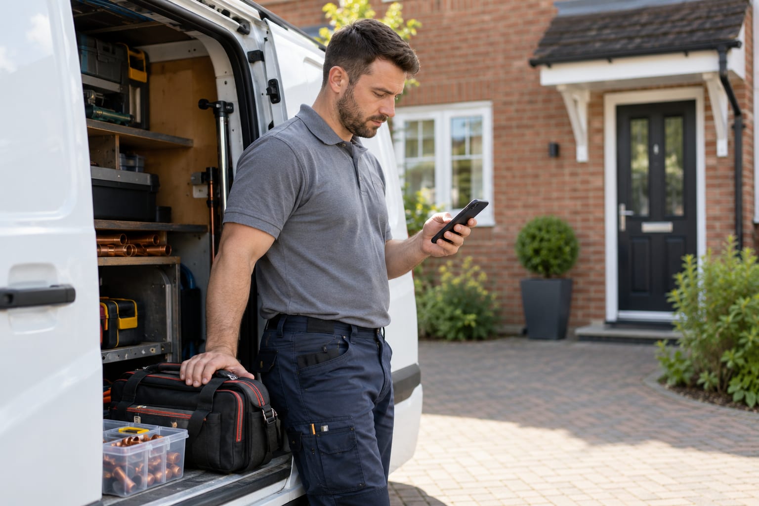 Plumber checking a mobile phone beside an unbranded van on a residential driveway