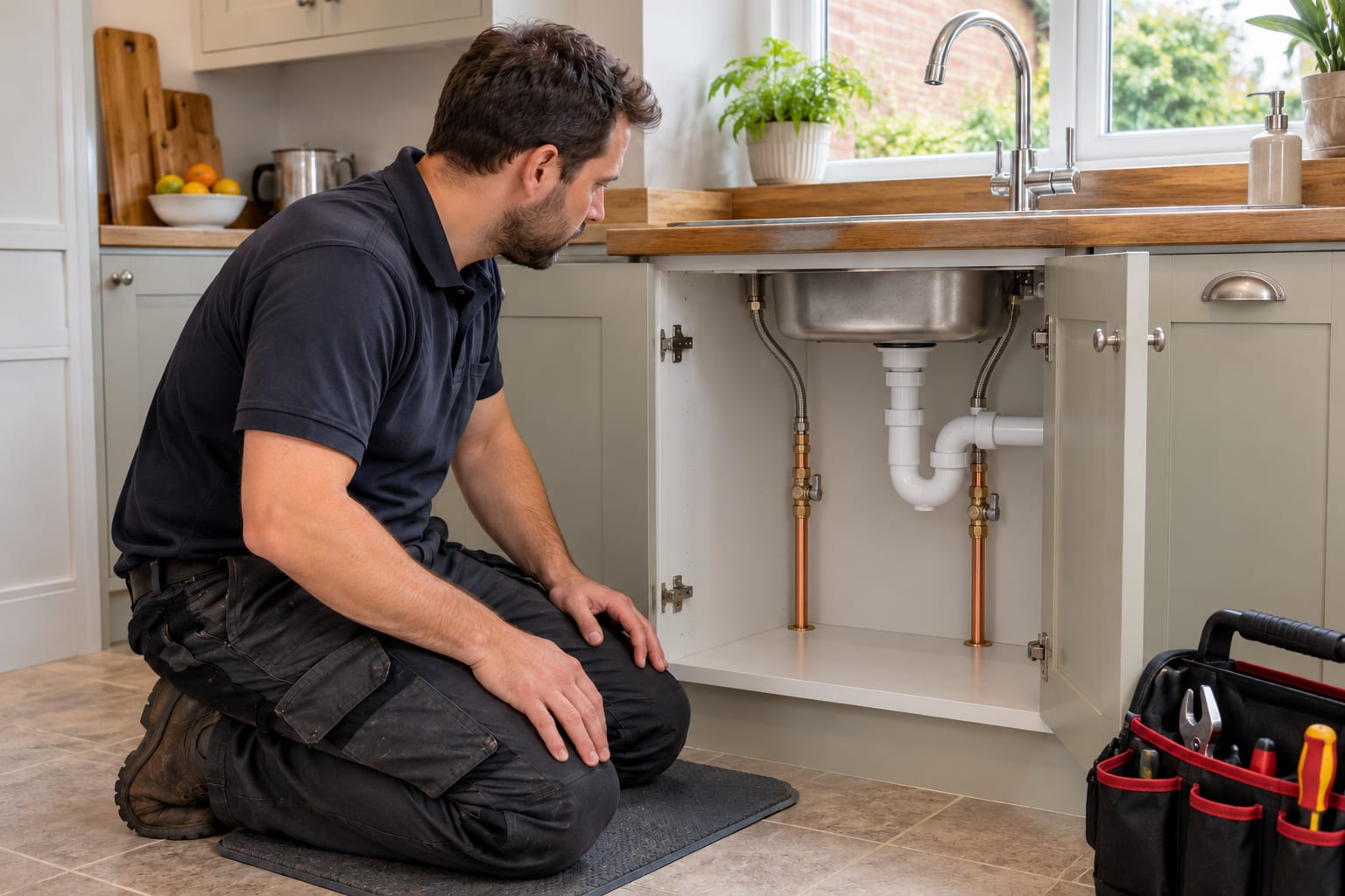 Plumber inspecting pipework in an open kitchen sink cupboard