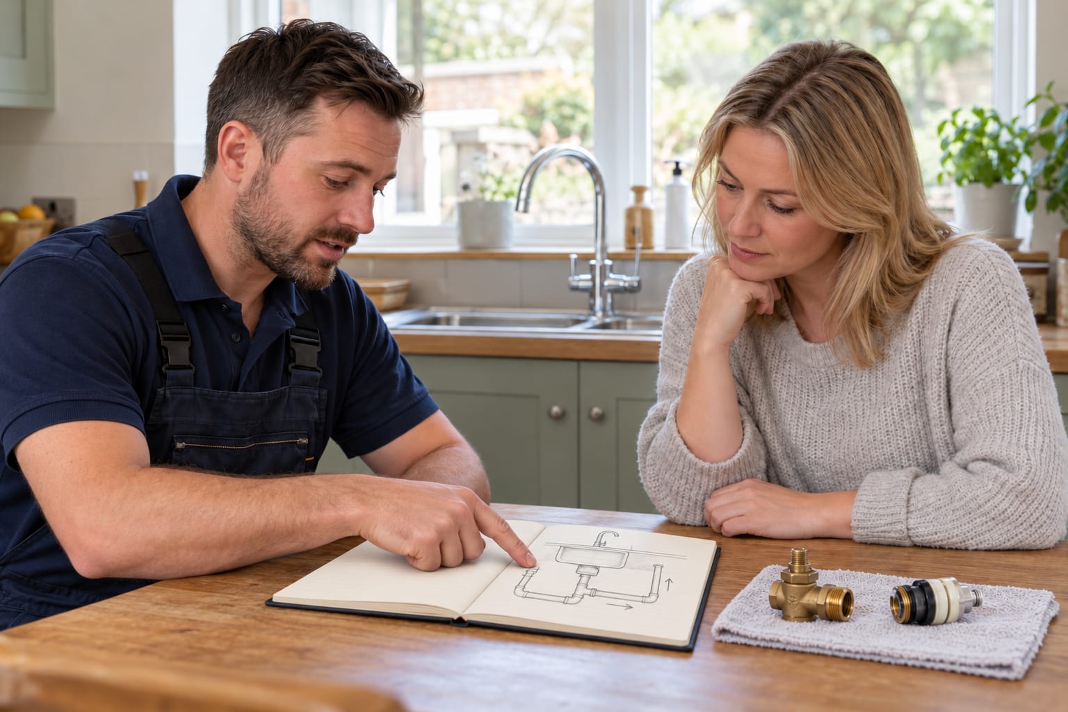 Plumber pointing to a sink and pipework sketch in an open planner while a homeowner looks on