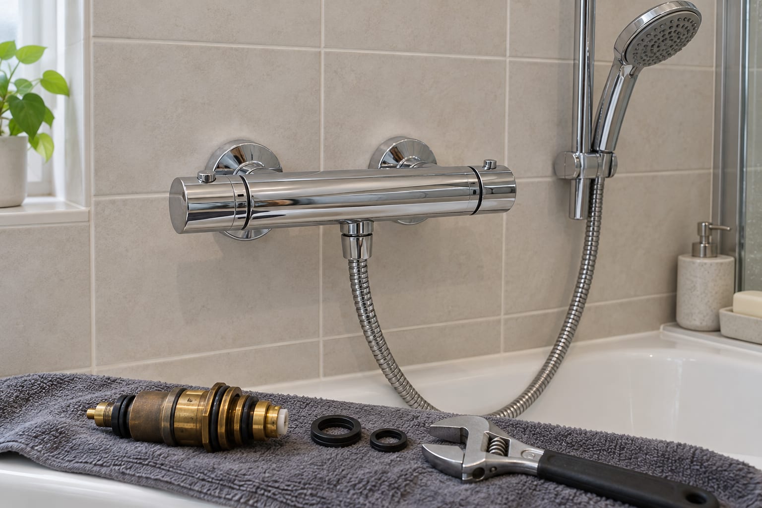 Thermostatic bar mixer shower with a removed cartridge and repair tools nearby