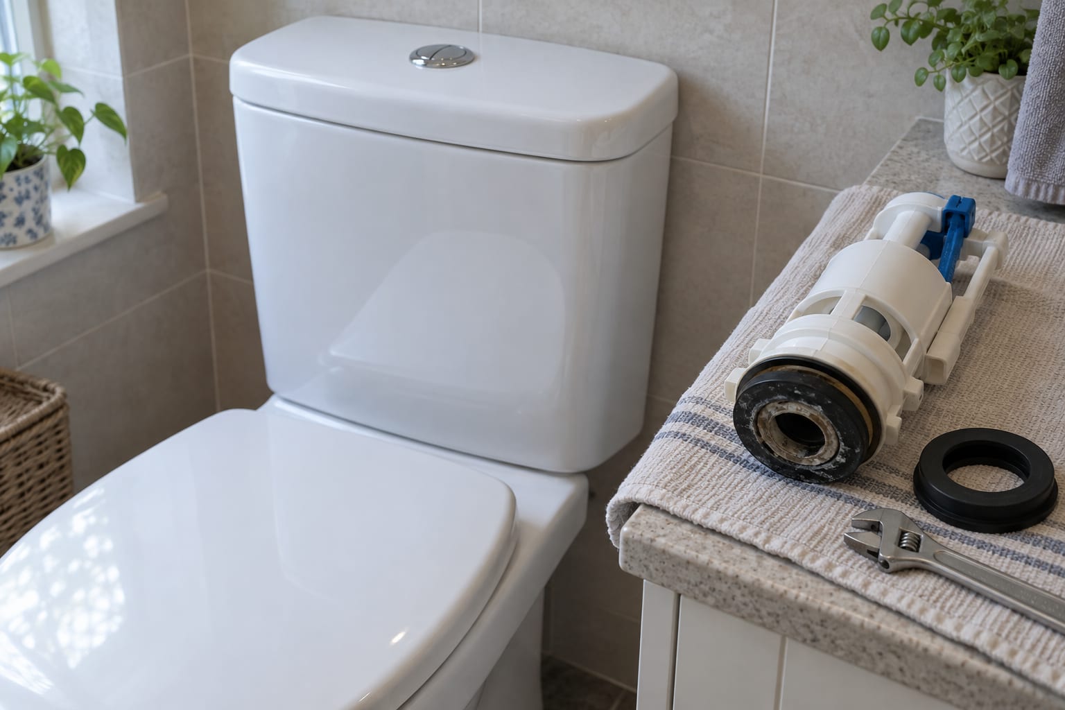 Closed toilet cistern beside a removed flush valve and replacement seal